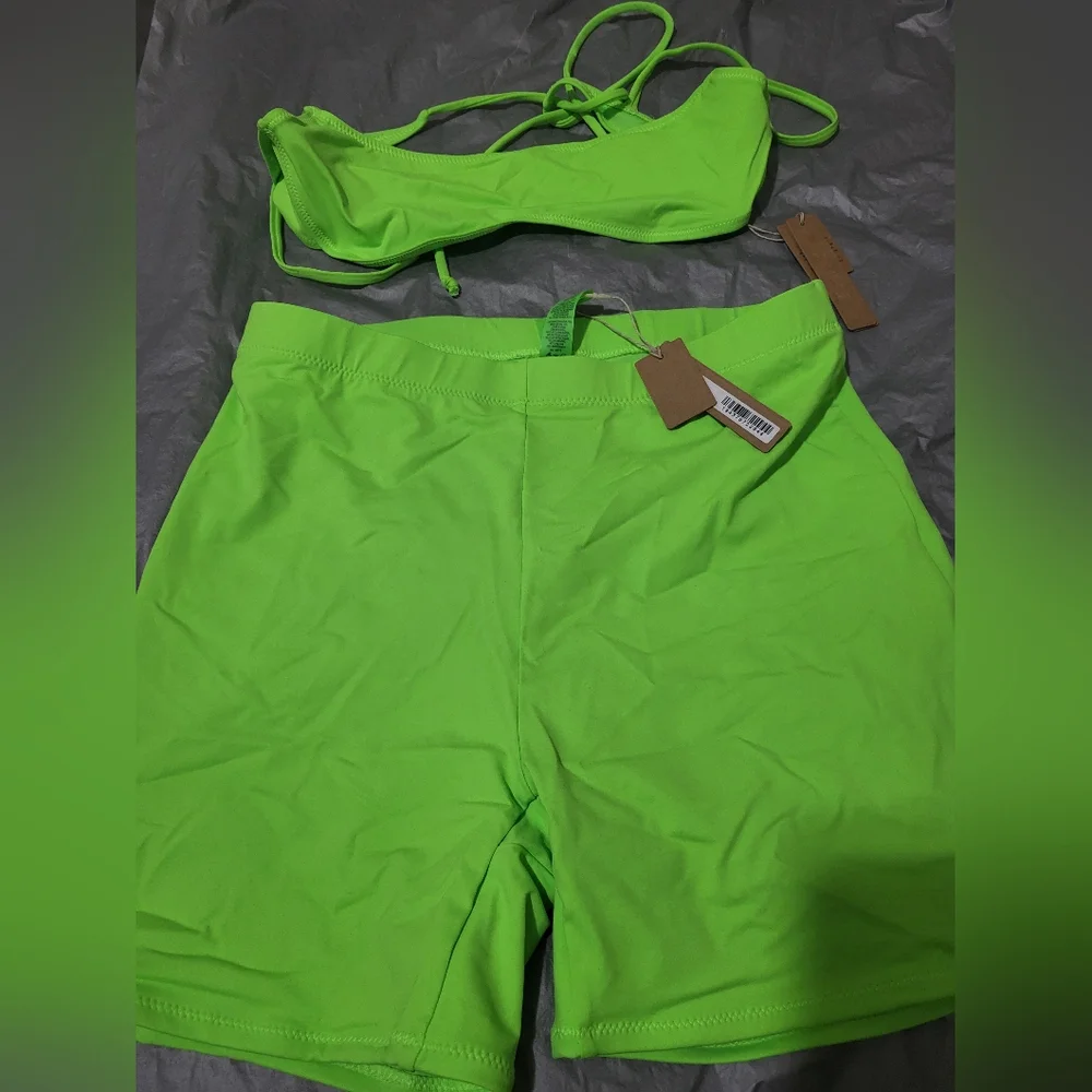 SKIMS Neon Green Bikini Top and High-Waist Shorts Set